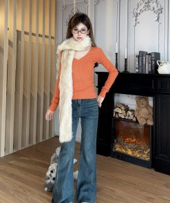 Winter Slim Fit V-Neck Long Sleeve Cable Knit Top for Women - Vintage Style, Sexy Base Layer