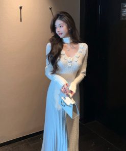 Winter V-neck Halter White Knitted Dress - Long Waist-Defining Sweater Dress for Cozy Y2K Style