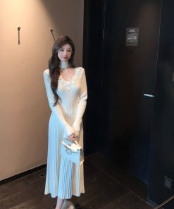 Winter V-neck Halter White Knitted Dress - Long Waist-Defining Sweater Dress for Cozy Y2K Style