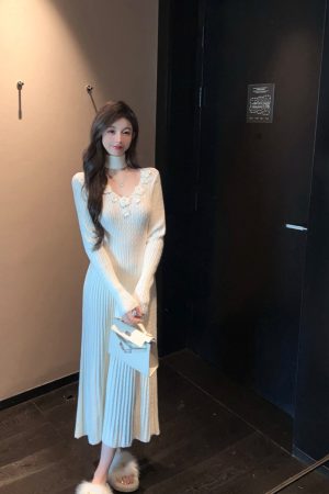 Winter V-neck Halter White Knitted Dress - Long Waist-Defining Sweater Dress for Cozy Y2K Style