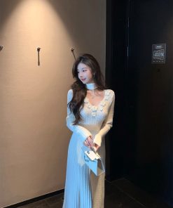 Winter V-neck Halter White Knitted Dress - Long Waist-Defining Sweater Dress for Cozy Y2K Style