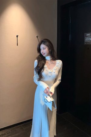 Winter V-neck Halter White Knitted Dress - Long Waist-Defining Sweater Dress for Cozy Y2K Style