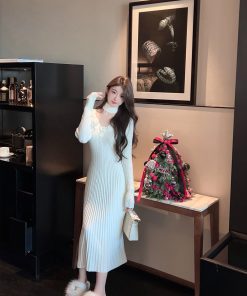 Winter V-neck Halter White Knitted Dress - Long Waist-Defining Sweater Dress for Cozy Y2K Style
