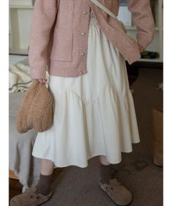 Winter Velvet White Midi Skirt for Women - Japanese Style Cream Half Skirt, Autumn & Winter Long Skirt for Petite Fashion