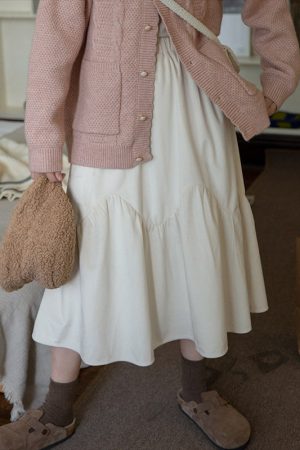 Winter Velvet White Midi Skirt for Women - Japanese Style Cream Half Skirt, Autumn & Winter Long Skirt for Petite Fashion