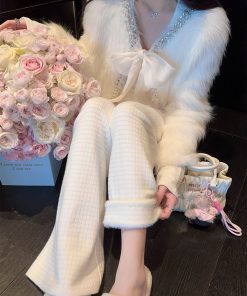 Winter Waffle Pattern White Fleece Knitted Wide-Leg Pants for Women, High-Waisted Casual Trousers with Drawstring, Y2K Style