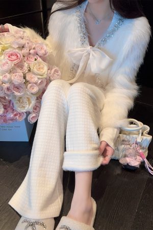 Winter Waffle Pattern White Fleece Knitted Wide-Leg Pants for Women, High-Waisted Casual Trousers with Drawstring, Y2K Style
