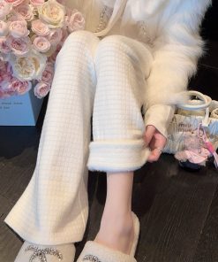 Winter Waffle Pattern White Fleece Knitted Wide-Leg Pants for Women, High-Waisted Casual Trousers with Drawstring, Y2K Style