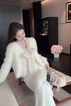 Winter Waffle Pattern White Fleece Knitted Wide-Leg Pants for Women, High-Waisted Casual Trousers with Drawstring, Y2K Style