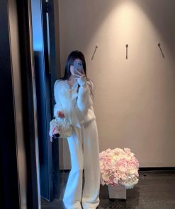 Winter Waffle Pattern White Fleece Knitted Wide-Leg Pants for Women, High-Waisted Casual Trousers with Drawstring, Y2K Style