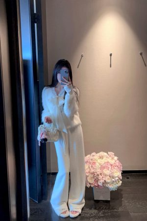 Winter Waffle Pattern White Fleece Knitted Wide-Leg Pants for Women, High-Waisted Casual Trousers with Drawstring, Y2K Style