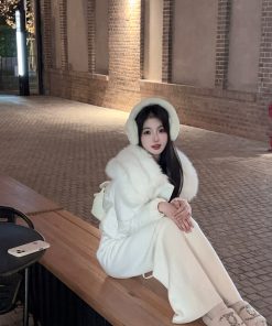 Winter Waffle Pattern White Fleece Knitted Wide-Leg Pants for Women, High-Waisted Casual Trousers with Drawstring, Y2K Style