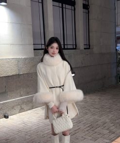 Winter White Eco-Friendly Faux Fur Coat for Women - Mid-Length Mink Velvet Cape Outerwear