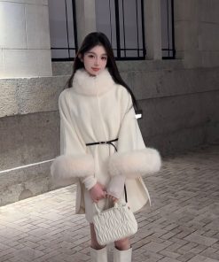 Winter White Eco-Friendly Faux Fur Coat for Women - Mid-Length Mink Velvet Cape Outerwear
