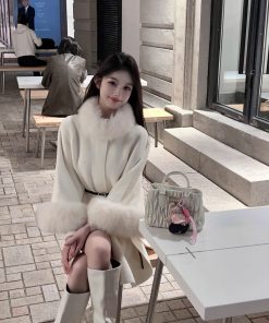 Winter White Eco-Friendly Faux Fur Coat for Women - Mid-Length Mink Velvet Cape Outerwear