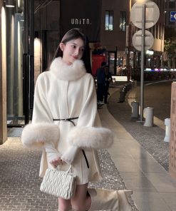 Winter White Eco-Friendly Faux Fur Coat for Women - Mid-Length Mink Velvet Cape Outerwear
