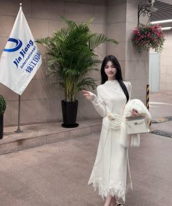 Winter White High Neck Knitted Top for Women - Slim Fit Floral Base Layer Sweater - Cozy Chic Fashion Essential