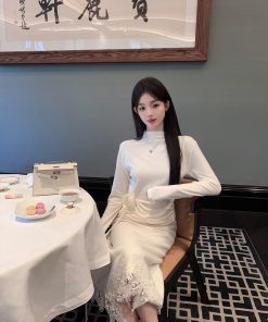 Winter White High Neck Knitted Top for Women - Slim Fit Floral Base Layer Sweater - Cozy Chic Fashion Essential