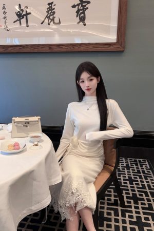 Winter White High Neck Knitted Top for Women - Slim Fit Floral Base Layer Sweater - Cozy Chic Fashion Essential