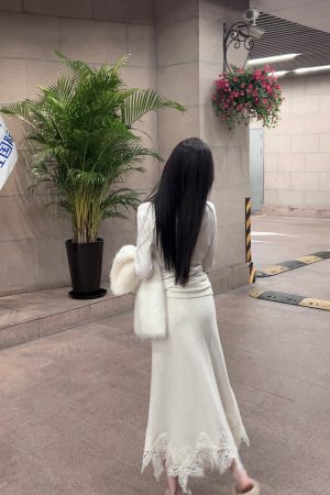 Winter White High-Waisted Pencil Skirt - Lace Detail, 50% Wool, Slim Fit Long Skirt for Elegant Style