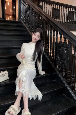 Winter White High-Waisted Pencil Skirt - Lace Detail, 50% Wool, Slim Fit Long Skirt for Elegant Style