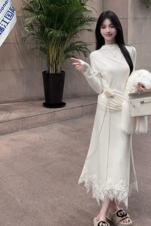 Winter White High-Waisted Pencil Skirt - Lace Detail, 50% Wool, Slim Fit Long Skirt for Elegant Style