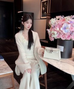 Winter White Lapel Sweater Coat and High Waist Knitted Wide Leg Pants Two-Piece Set for Women - Cozy Fashion Ensemble