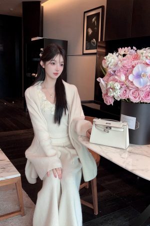 Winter White Lapel Sweater Coat and High Waist Knitted Wide Leg Pants Two-Piece Set for Women - Cozy Fashion Ensemble