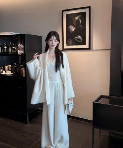 Winter White Lapel Sweater Coat and High Waist Knitted Wide Leg Pants Two-Piece Set for Women - Cozy Fashion Ensemble