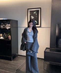 Winter White Lapel Sweater Coat and High Waist Knitted Wide Leg Pants Two-Piece Set for Women - Cozy Fashion Ensemble