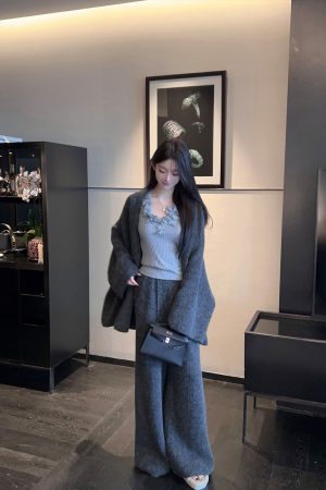 Winter White Lapel Sweater Coat and High Waist Knitted Wide Leg Pants Two-Piece Set for Women - Cozy Fashion Ensemble
