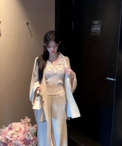 Winter White Lapel Sweater Coat and High Waist Knitted Wide Leg Pants Two-Piece Set for Women - Cozy Fashion Ensemble