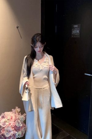 Winter White Lapel Sweater Coat and High Waist Knitted Wide Leg Pants Two-Piece Set for Women - Cozy Fashion Ensemble