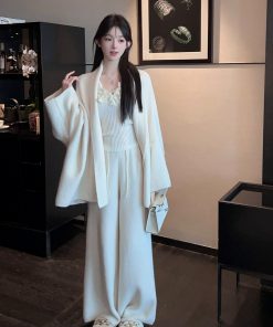 Winter White Lapel Sweater Coat and High Waist Knitted Wide Leg Pants Two-Piece Set for Women - Cozy Fashion Ensemble