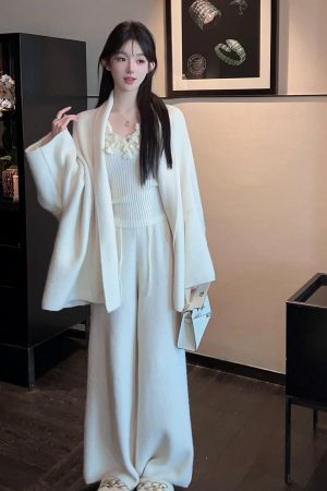 Winter White Lapel Sweater Coat and High Waist Knitted Wide Leg Pants Two-Piece Set for Women - Cozy Fashion Ensemble