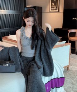 Winter White Lapel Sweater Coat and High Waist Knitted Wide Leg Pants Two-Piece Set for Women - Cozy Fashion Ensemble