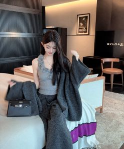 Winter White Lapel Sweater Coat and High Waist Knitted Wide Leg Pants Two-Piece Set for Women - Cozy Fashion Ensemble