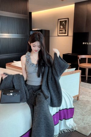 Winter White Lapel Sweater Coat and High Waist Knitted Wide Leg Pants Two-Piece Set for Women - Cozy Fashion Ensemble