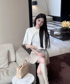 Winter White Mink Velvet Knitted Shawl Cape Set with Inner Vest - Women's Two-Piece Set for Cozy Chic Style