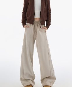 Women's 2025 Spring Casual Sports Pants - American Style Loose Slimming Patch Straight Leg Trousers for Everyday Wear