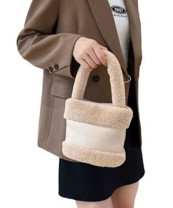 Women's 2025 Spring Summer Lamb Wool Bucket Bag, Color-Blocking Fluffy Handheld Plush Handbag