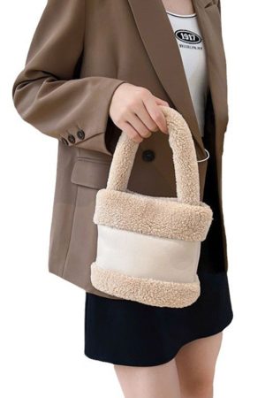 Women's 2025 Spring Summer Lamb Wool Bucket Bag, Color-Blocking Fluffy Handheld Plush Handbag