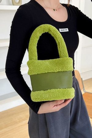 Women's 2025 Spring Summer Lamb Wool Bucket Bag, Color-Blocking Fluffy Handheld Plush Handbag