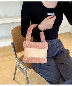Women's 2025 Spring Summer Lamb Wool Bucket Bag, Color-Blocking Fluffy Handheld Plush Handbag