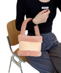Women's 2025 Spring Summer Lamb Wool Bucket Bag, Color-Blocking Fluffy Handheld Plush Handbag