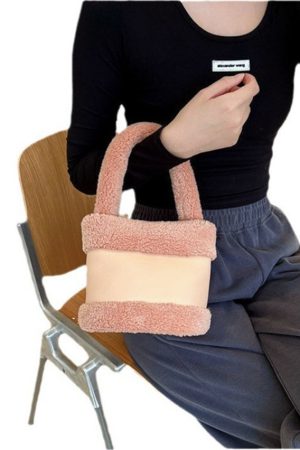 Women's 2025 Spring Summer Lamb Wool Bucket Bag, Color-Blocking Fluffy Handheld Plush Handbag