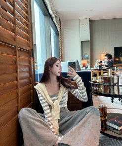 Women's 2025 Spring Summer Wide-Leg Casual Pants - Loose Fit Knitted Striped Design for Relaxation