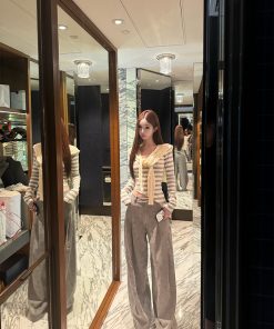 Women's 2025 Spring Summer Wide-Leg Casual Pants - Loose Fit Knitted Striped Design for Relaxation