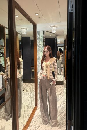 Women's 2025 Spring Summer Wide-Leg Casual Pants - Loose Fit Knitted Striped Design for Relaxation