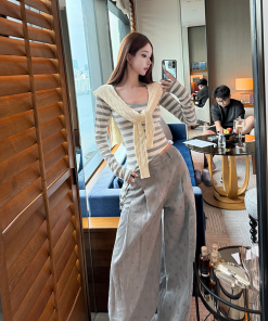 Women's 2025 Spring Summer Wide-Leg Casual Pants - Loose Fit Knitted Striped Design for Relaxation